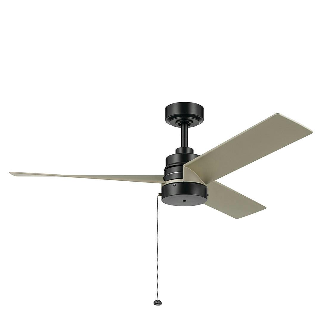 The 52 Inch Spyn Lite Fan in Satin Black with Silver Blades on a white background
