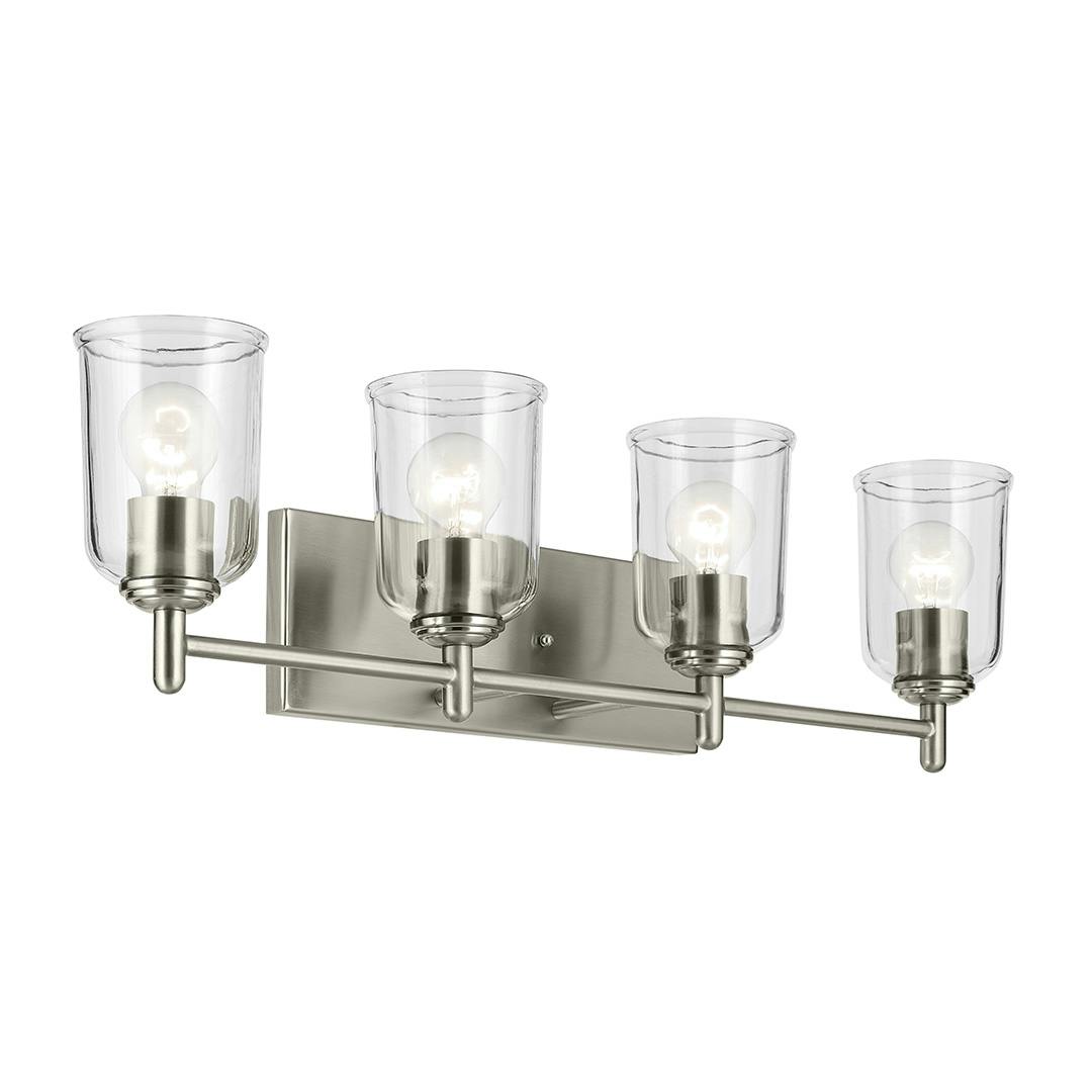 The Shailene 29.75" 4-Light Vanity Light with Clear Glass in Brushed Nickel on a white background