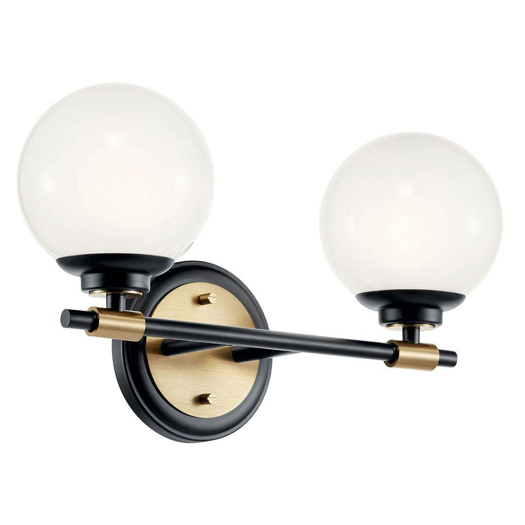 The Benno 14.75 Inch 2 Light Vanity Light with Opal Glass in Black and Champagne Bronze on a white background