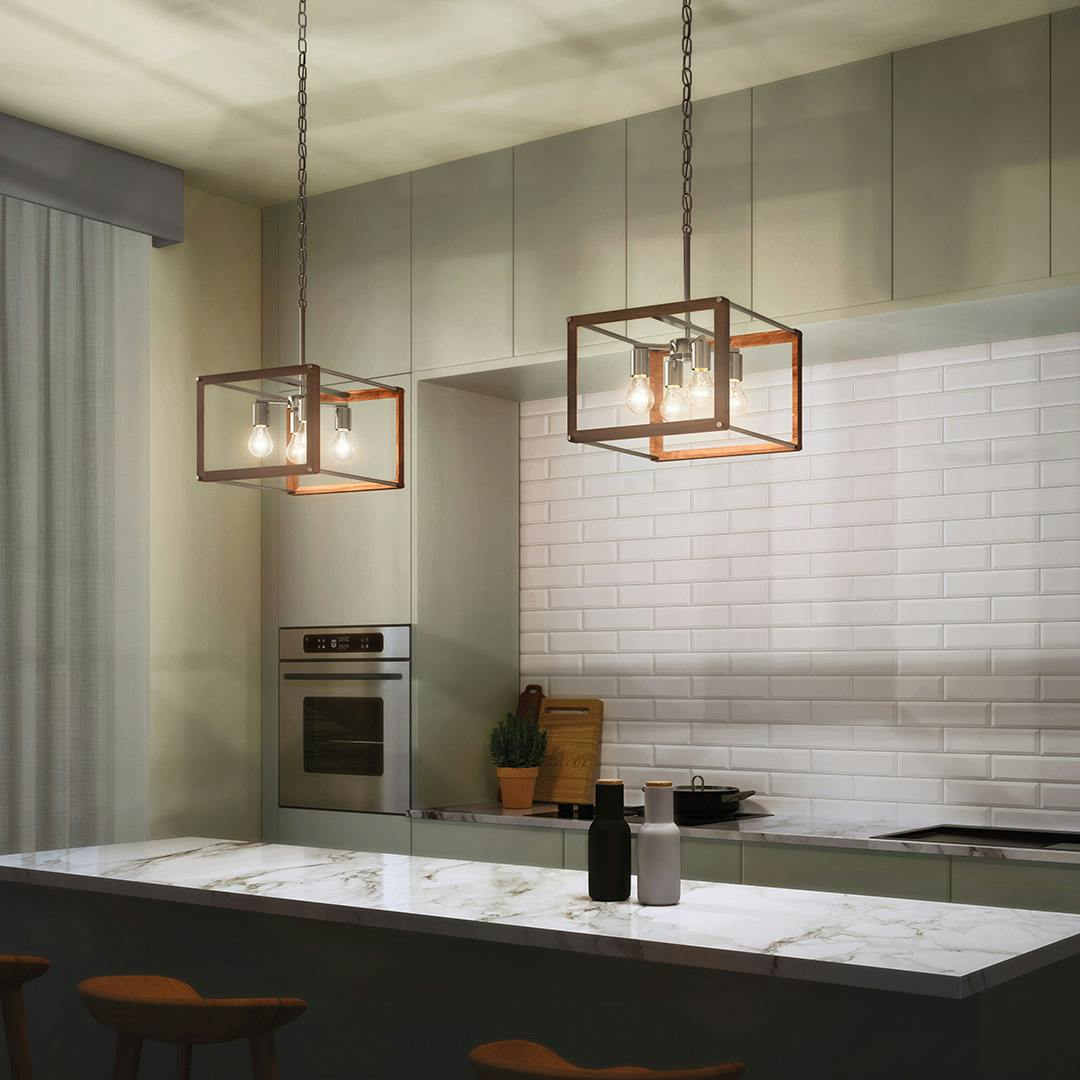 Night time kitchen with Chatwin 4 Light Square Pendant Brushed Nickel