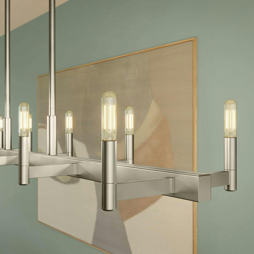 Bar in day light with the Erzo 50" 10 Light Linear Chandelier in Satin Nickel