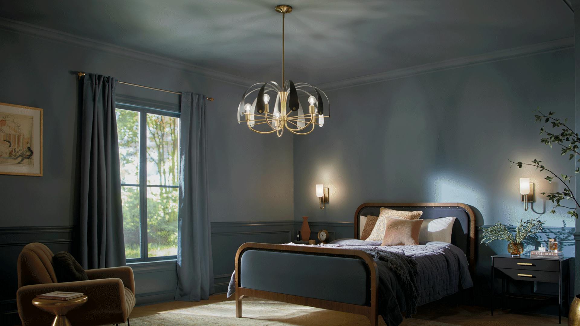 Blue bedroom with Petal chandelier over the bed 