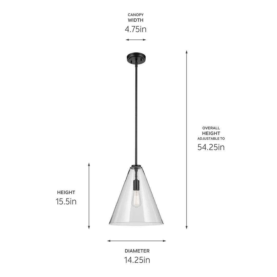 The Everly 15.5" 1-Light Cone Pendant with Clear Glass in Black with dimensions on a white background