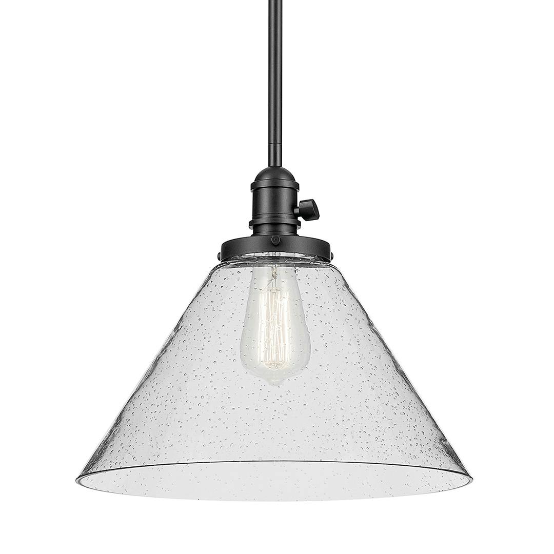 The Avery 11.75" 1-Light Cone Pendant with Clear Seeded Glass in Black on a white background