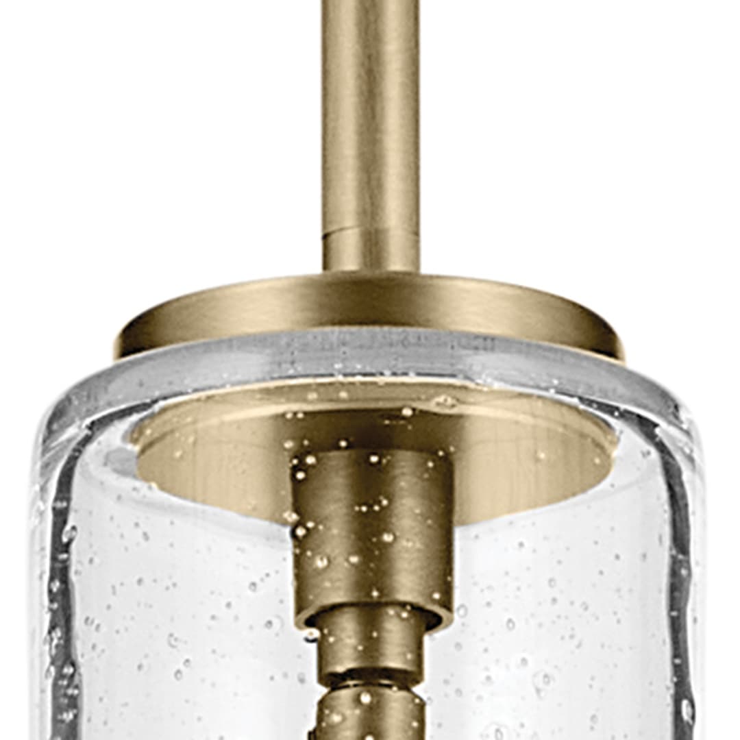 Close up view of the Everly 19.75" 1-Light Bell Pendant with Clear Seeded Glass in Brushed Nickel on a white background