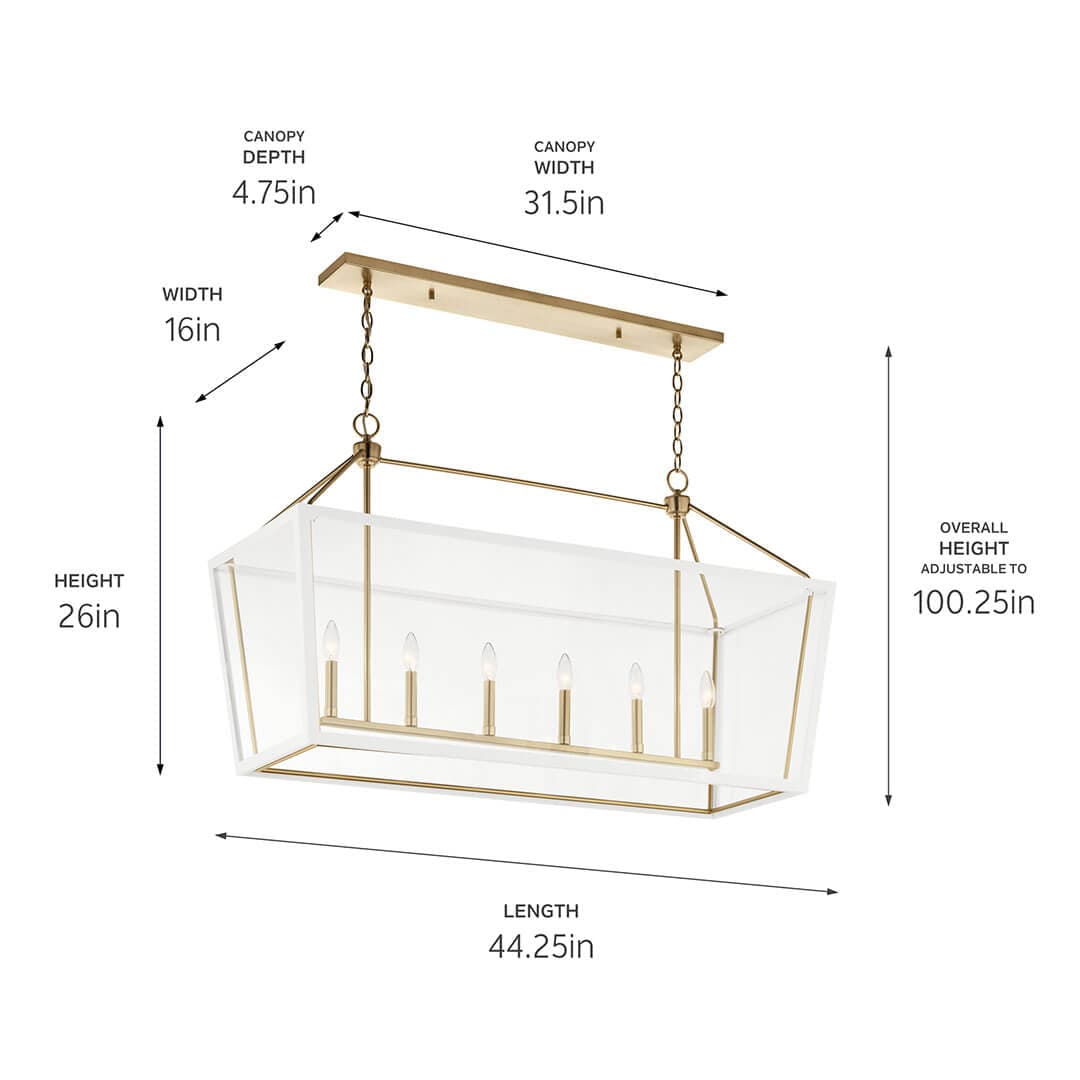 The Delvin 44 Inch 6 Light Linear Chandelier in Champagne Bronze and White on a white background with dimensions