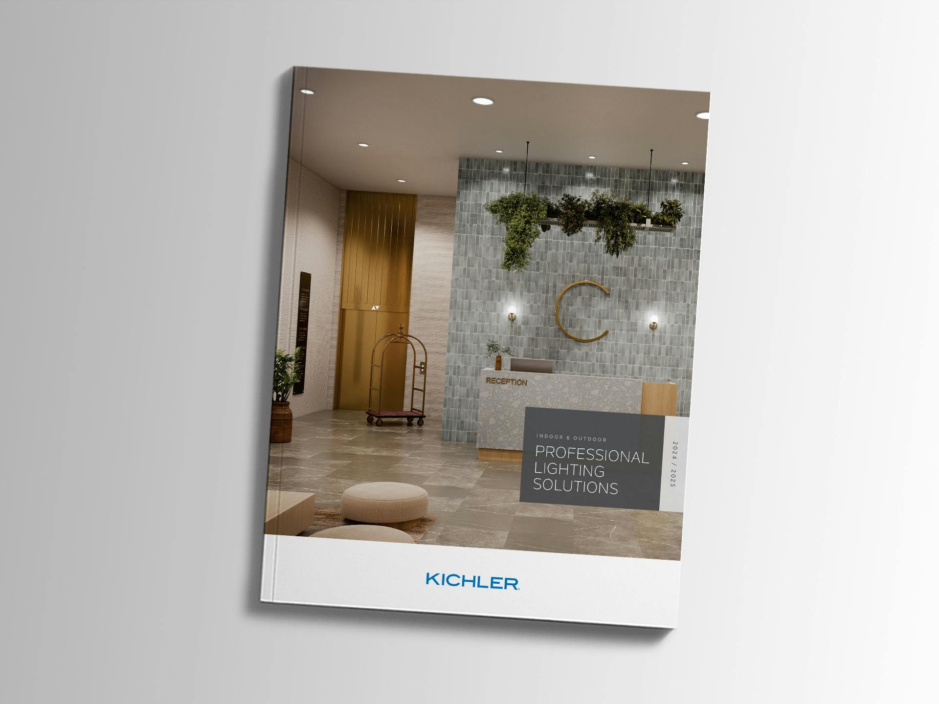 Lighting solutions catalog cover featuring a reception lobby