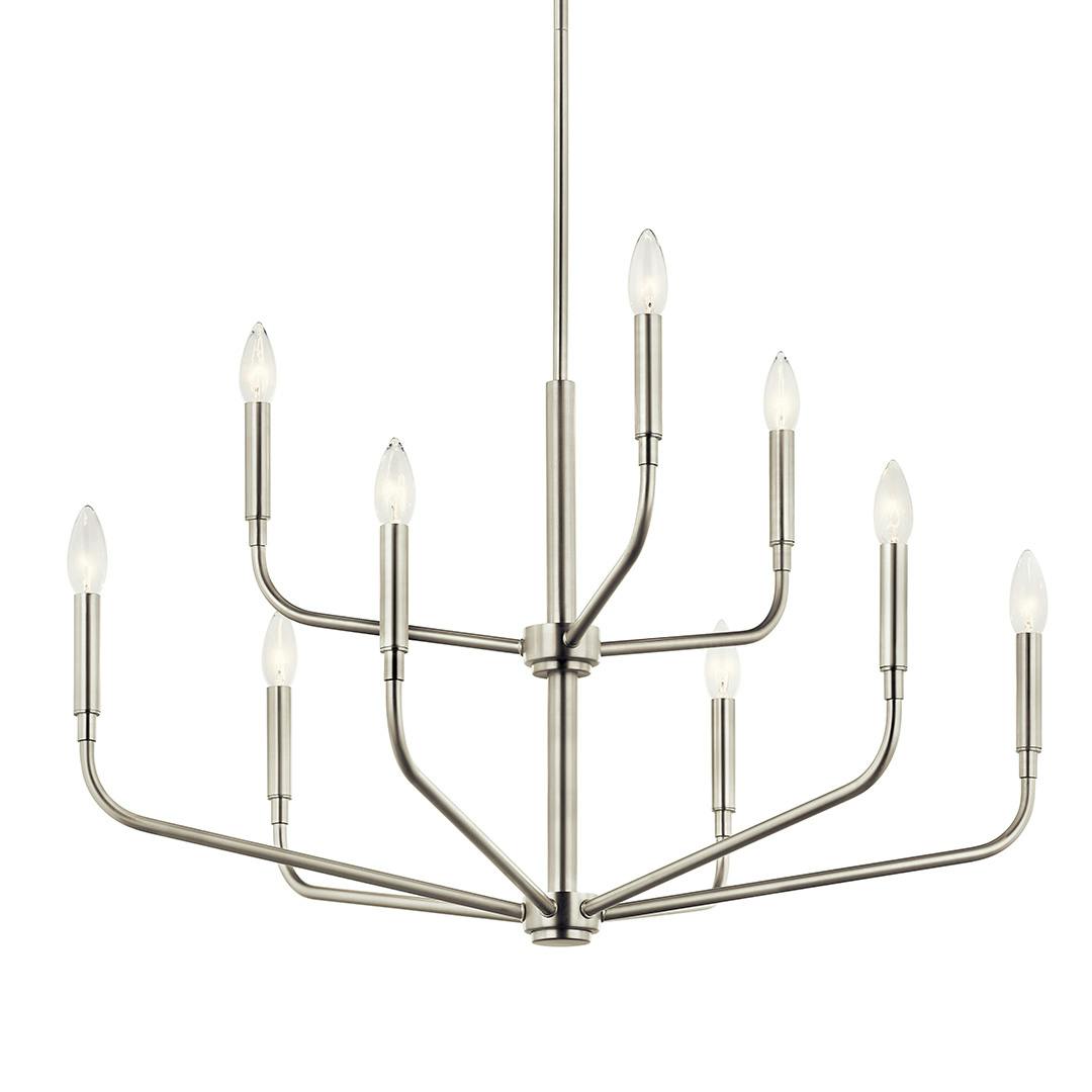 The Madden 32 Inch 9 Light 2-Tier Chandelier in Brushed Nickel on a white background