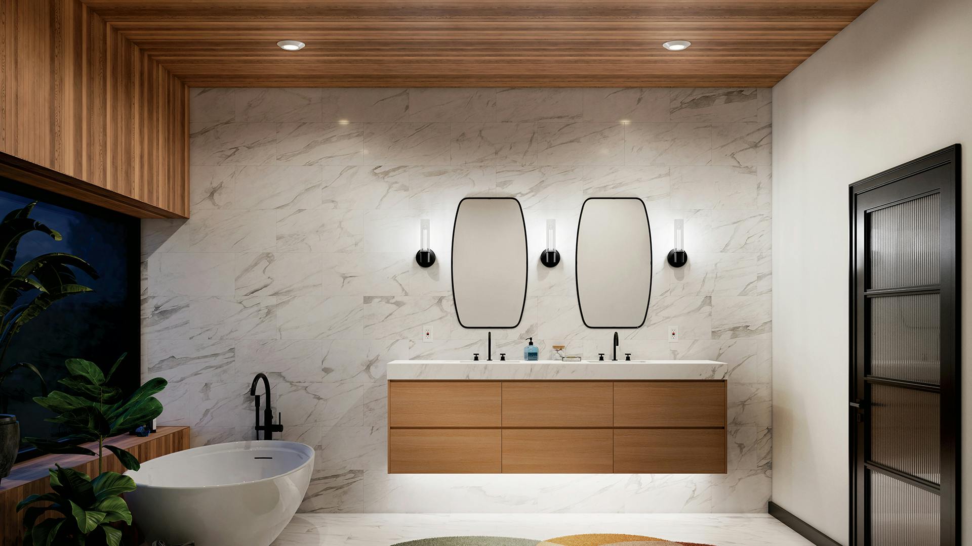 Marble and natural wood bathroom with Aviv wall sconces on the wall and Horizon select downlights