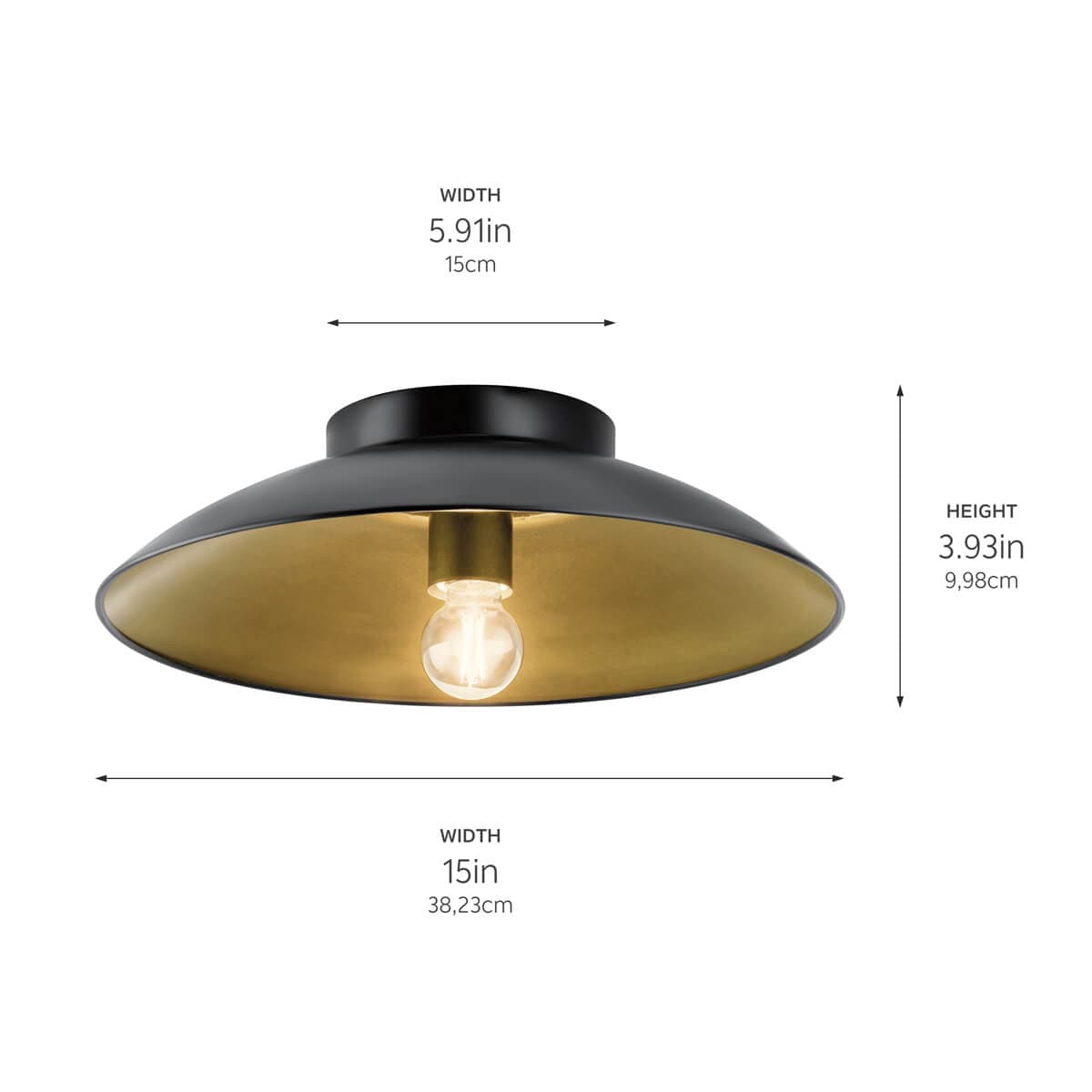 Kira 1 Light Flush Mount Black on a white background with dimensions also shown in the tech specs