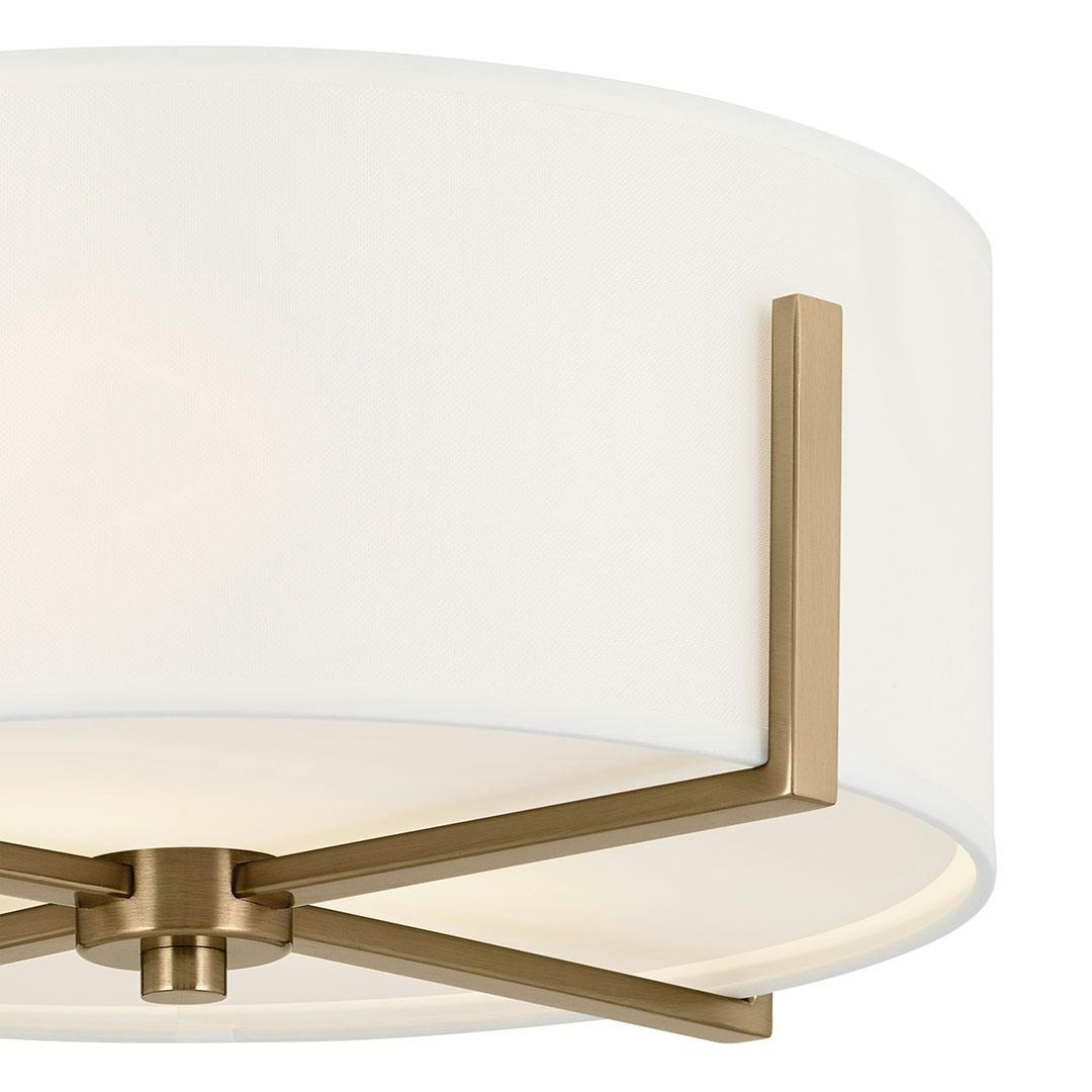 Close up view of the Malen 15.5 Inch 2 Light Flush Mount with White Fabric Shade in Champagne Bronze on a white background