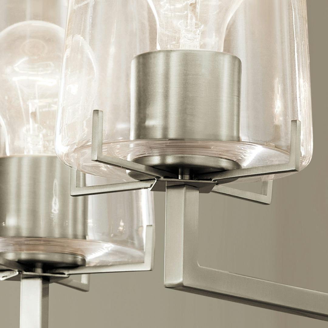 Close up view of the Birk 5 Light Chandelier in Brushed Nickel