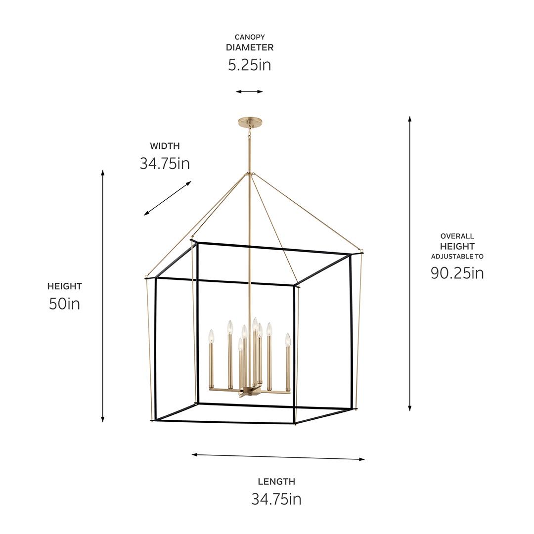 The Eisley 50 Inch 8 Light 2 Tier Foyer Pendant in Champagne Bronze and Blackwith dimensions on a white background