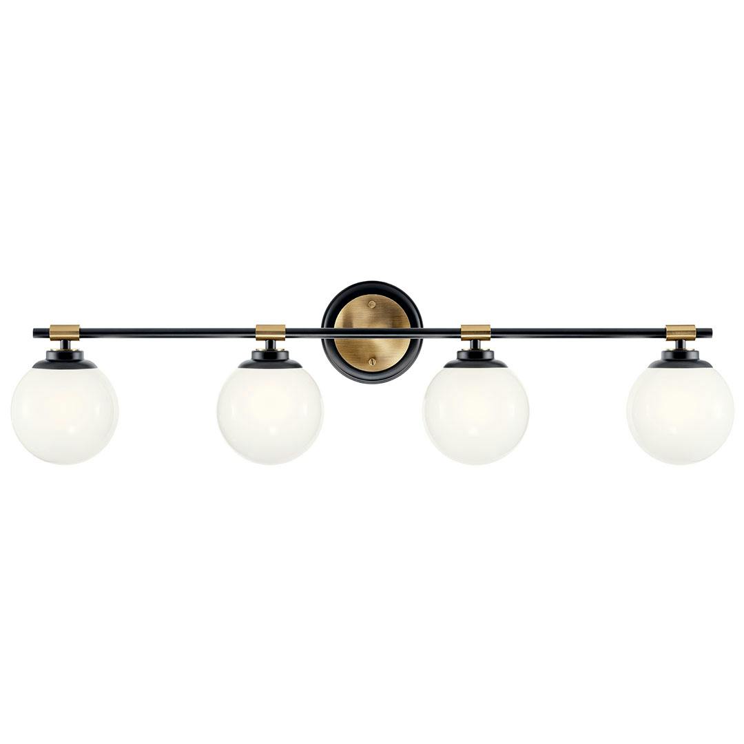 The Benno 34 Inch 4 Light Vanity Light with Opal Glass in Black and Champagne Bronze mounted down on a white background