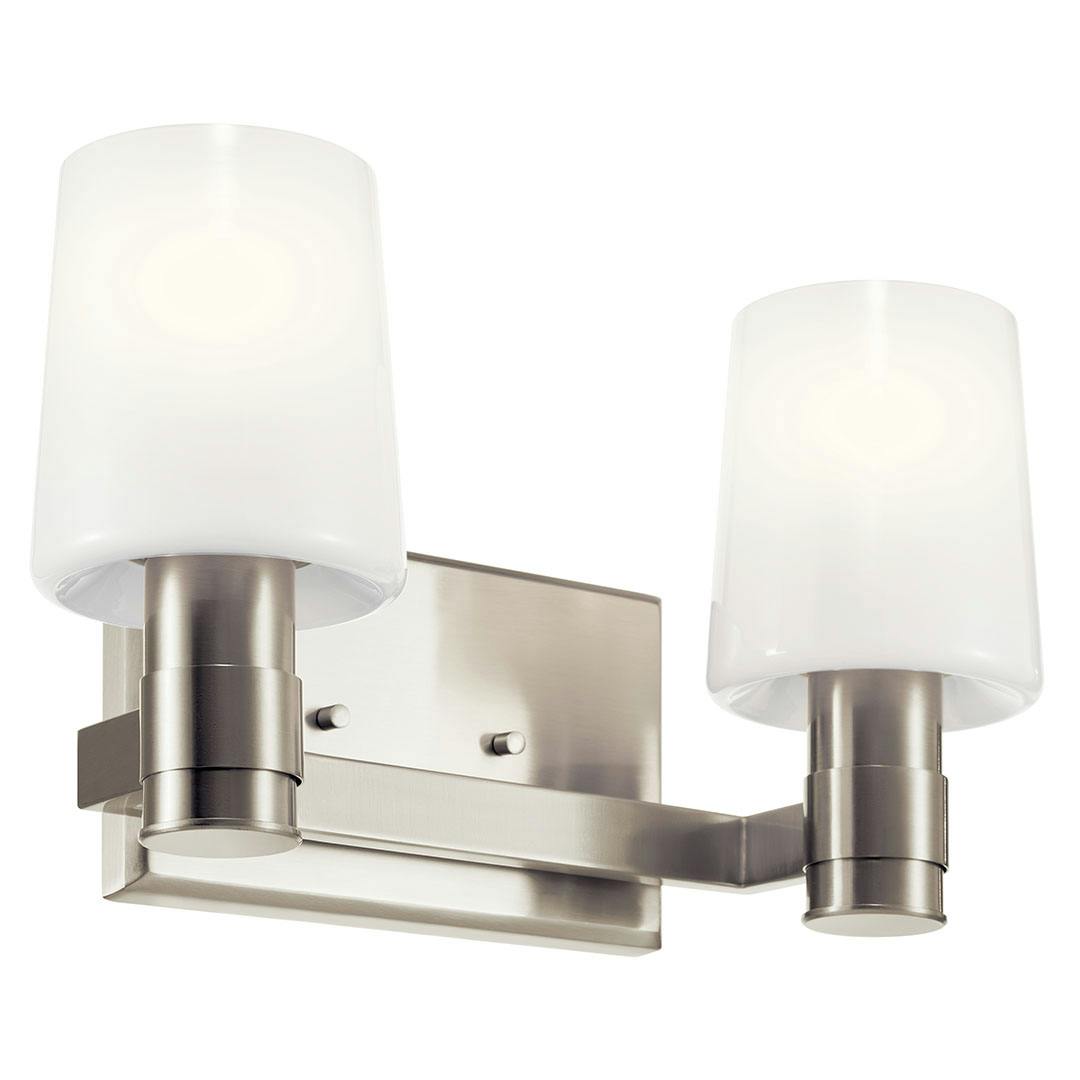 The Adani 14.5 Inch 2 Light Vanity Light with Opal Glass in Brushed Nickel on a white background