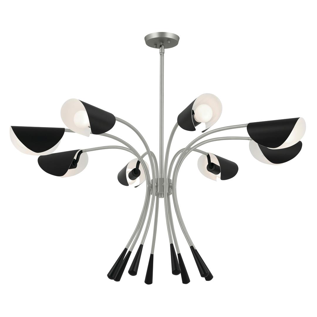 Arcus 45.4 Inch 8 Light Chandelier in Satin Nickel with Black on a white background