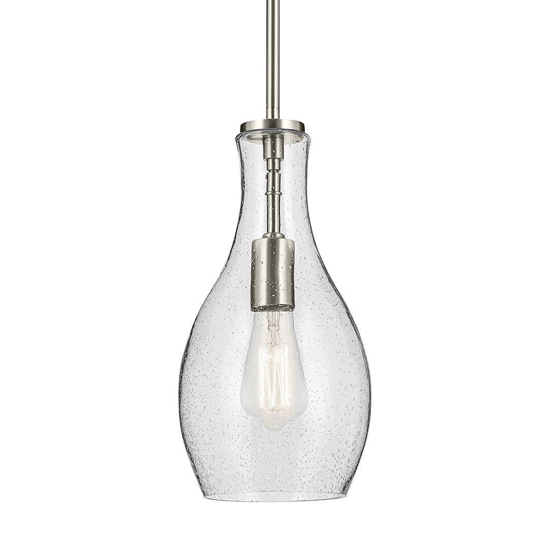 The Everly 13.75" 1-Light Bell Pendant with Clear Seeded Glass in Brushed Nickel on a white background