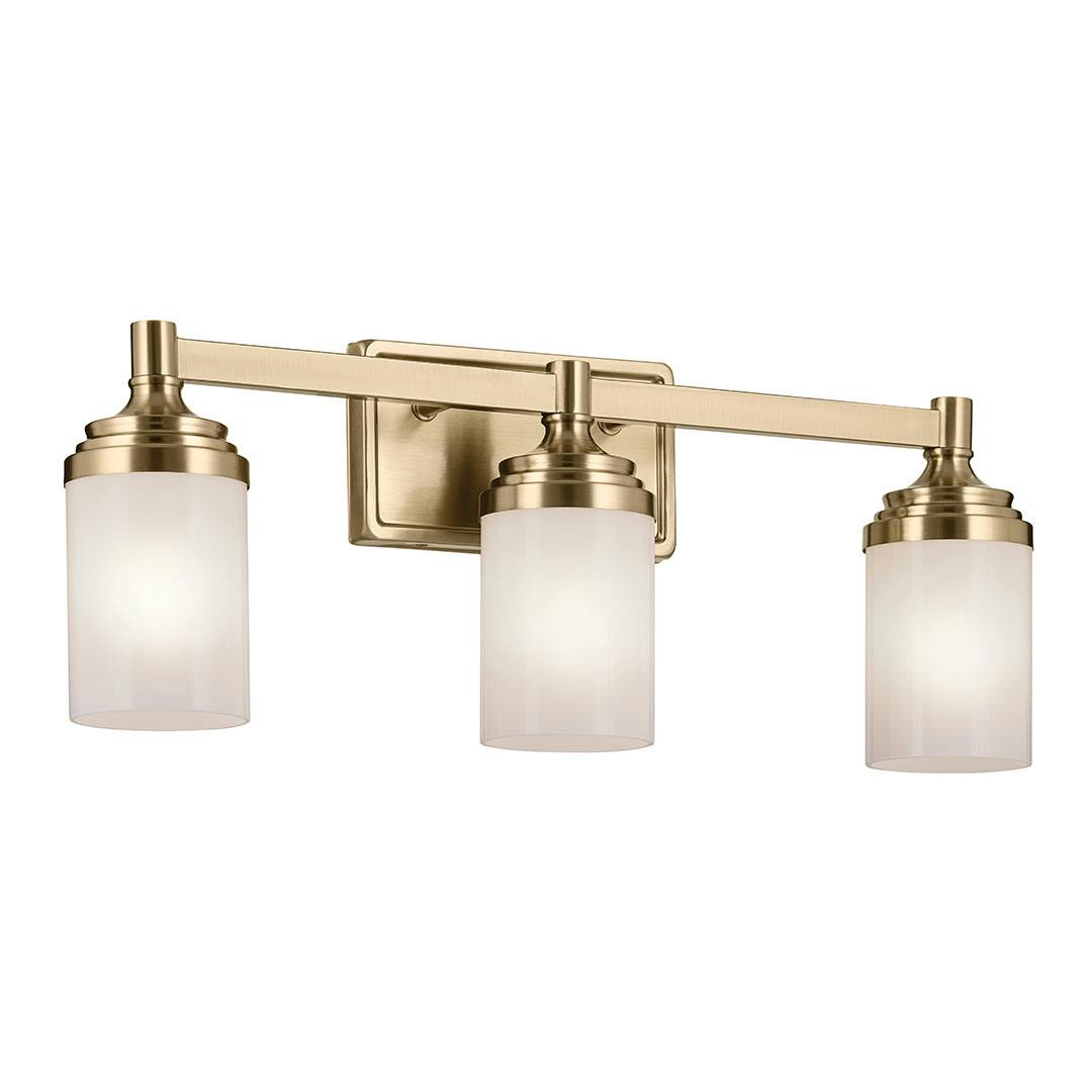 The Noha 24 In. 3-Light Champagne Bronze Vanity Light with Opal Glass Shades on a white background