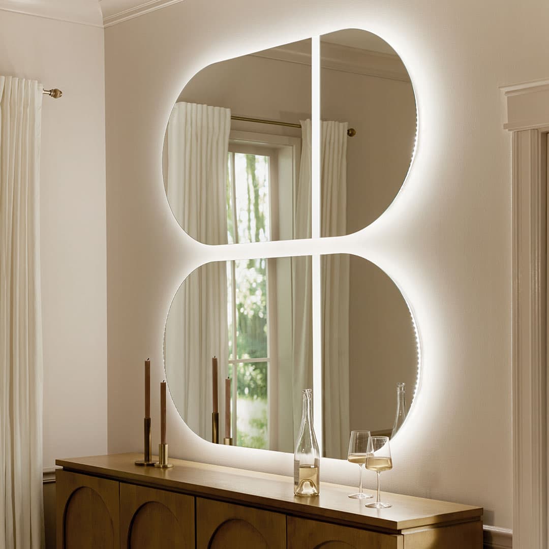 Radana™ 28" LED Etched Panel Mirror on dining room wall