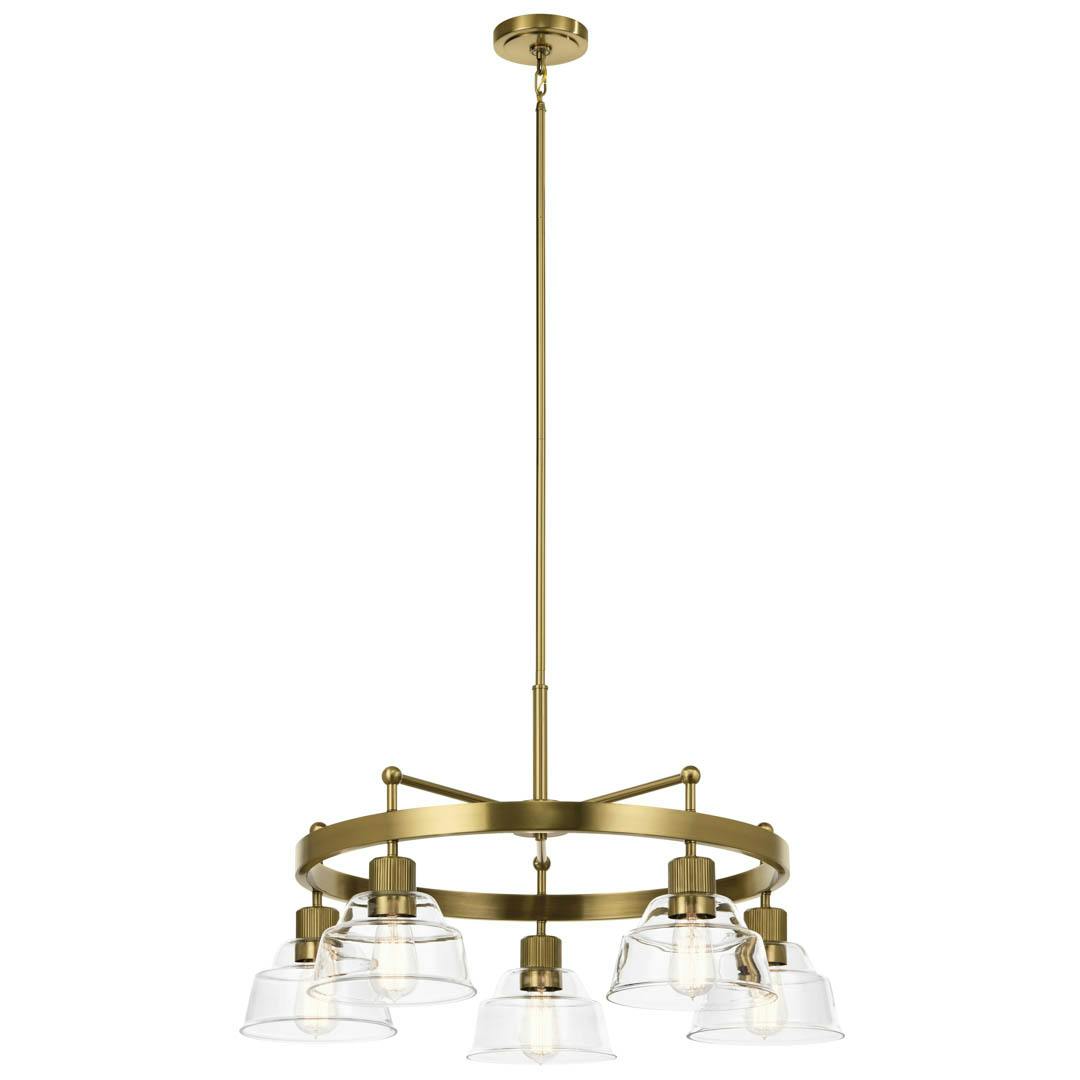 Eastmont™ 5 Light Chandelier Brushed Natural Brass and Walnut Wood on a white background