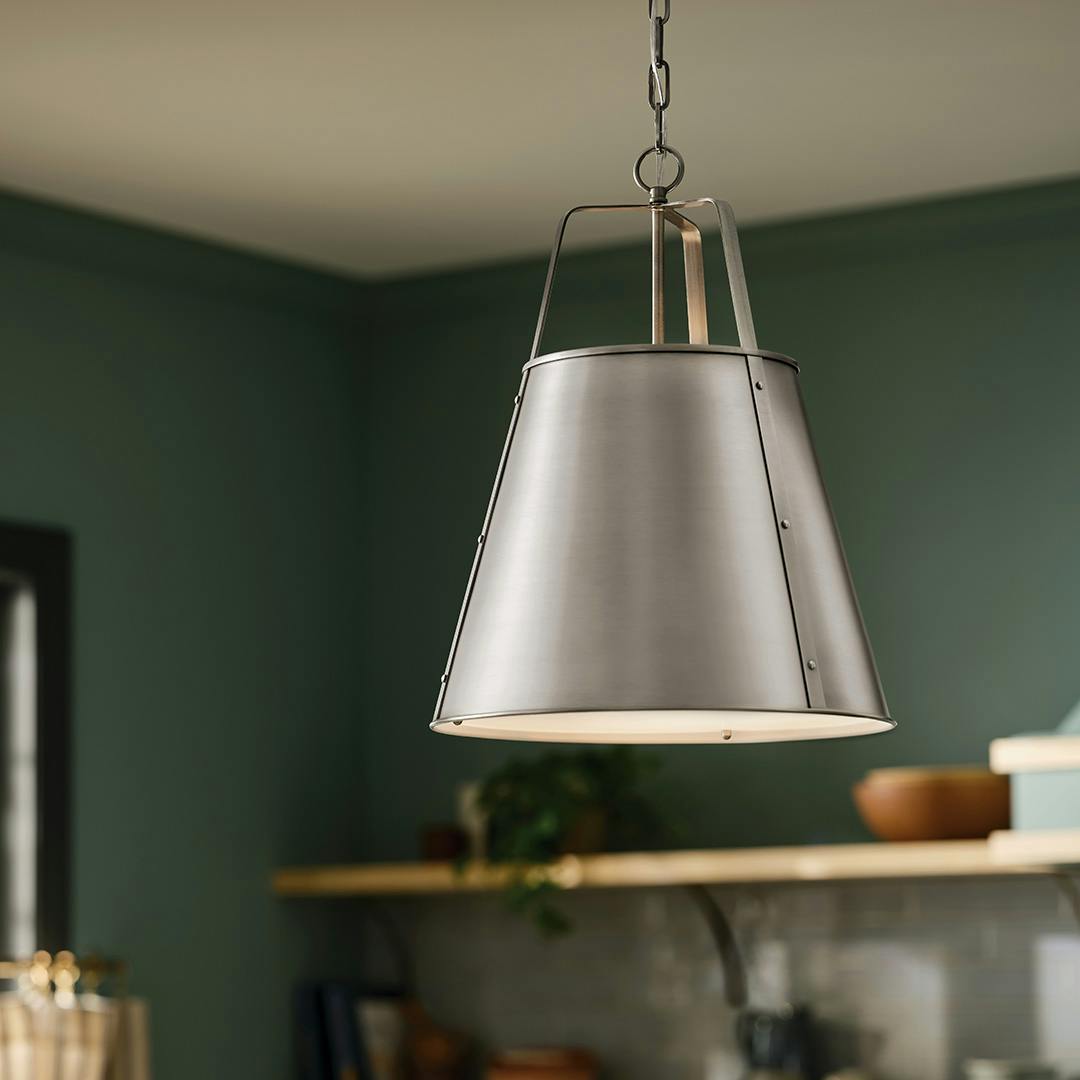 Day time kitchen featuring the Etcher 18 Inch 2 Light Pendant with Etched Painted White Glass Diffuser in Classic Pewter
