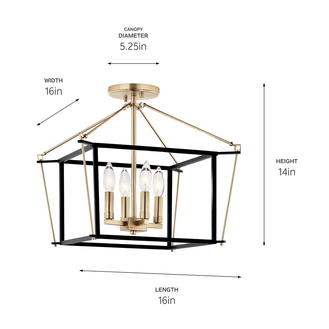 The Eisley 14 Inch 4 Light Semi Flush Mount in Champagne Bronze and Blackwith dimensions on a white background