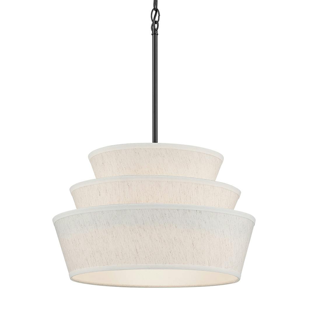 The Ebina 4 Light Pendant in Black with Linen Fabric Shades with dimensions on a white background