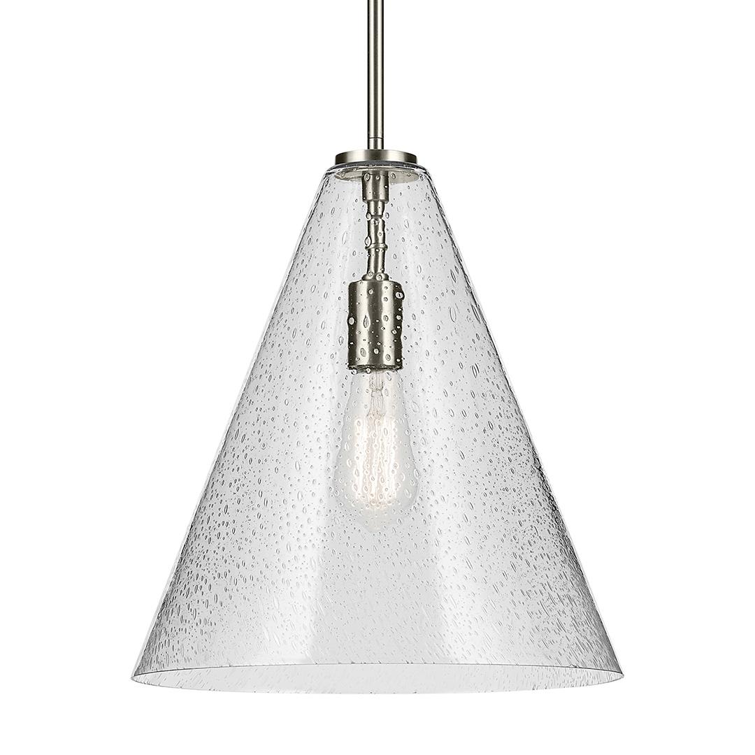 The Everly 15.5" 1-Light Cone Pendant with Clear Seeded Glass in Brushed Nickel on a white background