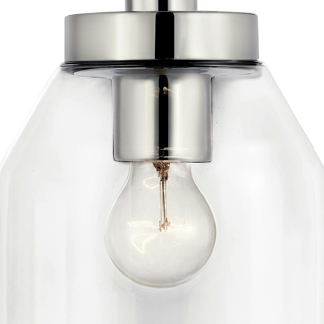 Close up view of the Madden 15 Inch 1 Light Mini Pendant with Clear Glass in Chrome on a white background