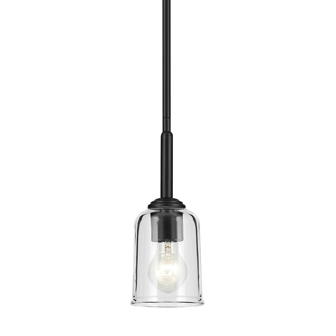 The Shailene 11.25" 1-Light Mini Bell Pendant with Clear Glass in Black on a white background