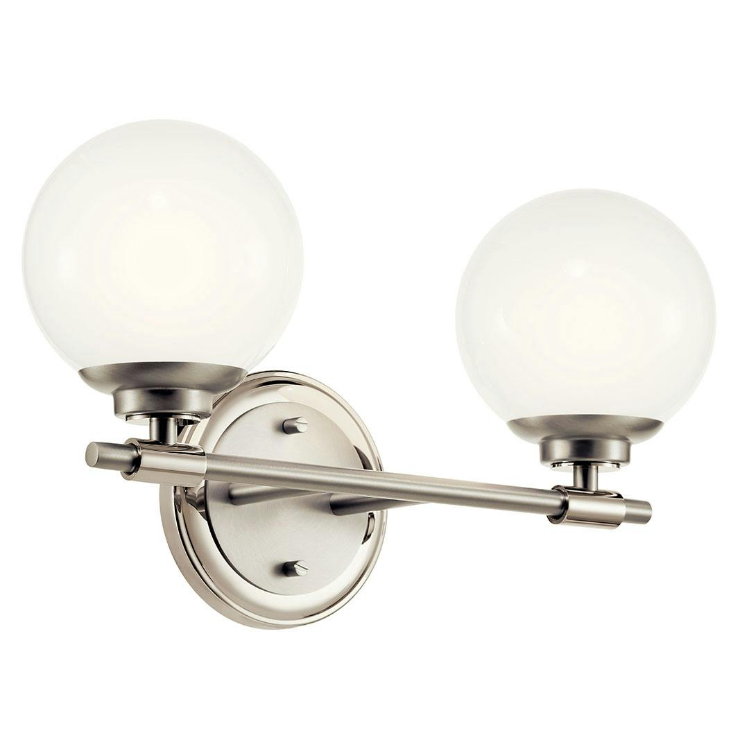 The Benno 14.75 Inch 2 Light Vanity Light with Opal Glass in Polished Nickel and Brushed Nickel on a white background