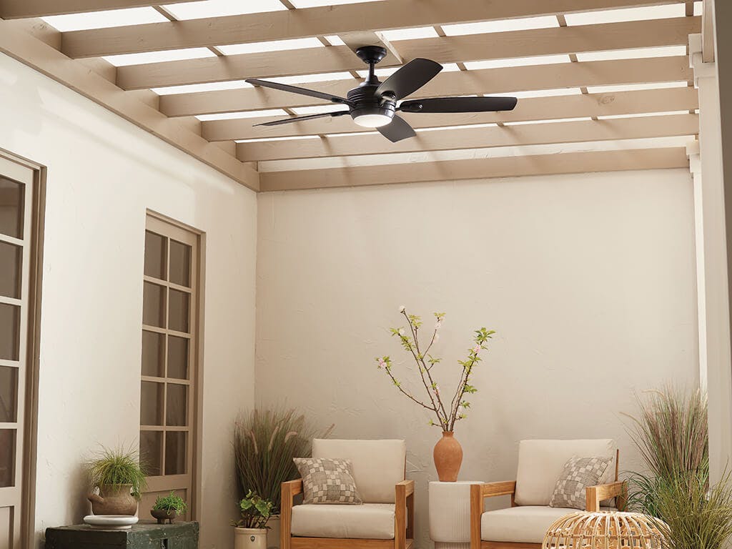 Close up view of the 56" Tranquil Weather+ Ceiling Fan Black on a white background
