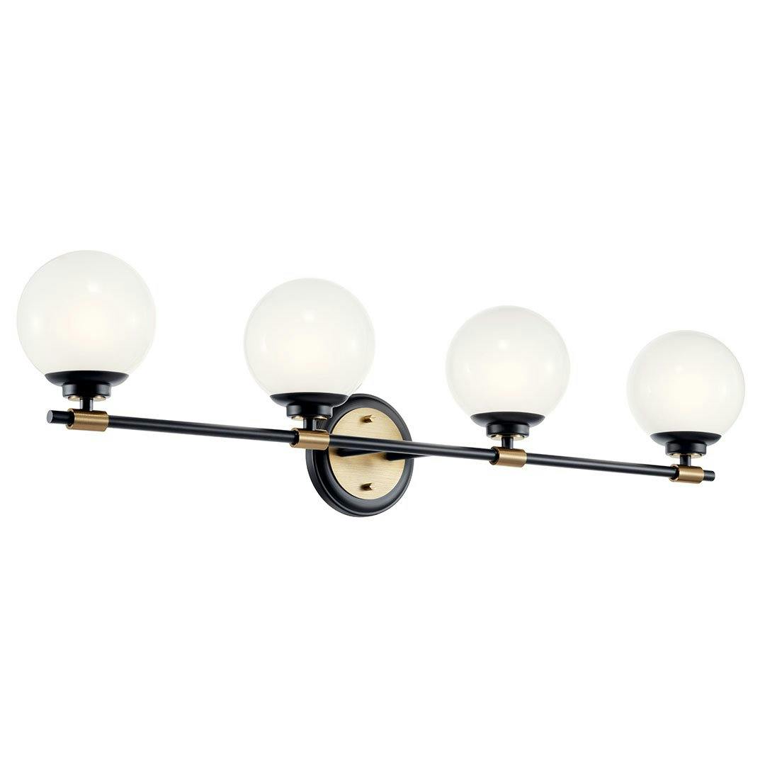 The Benno 34 Inch 4 Light Vanity Light with Opal Glass in Black and Champagne Bronze on a white background