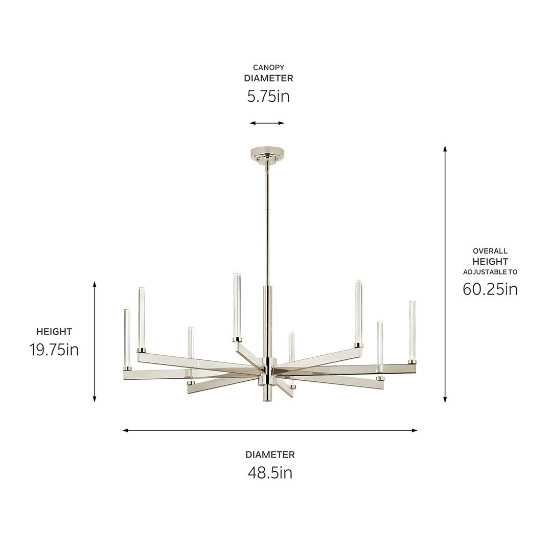 The Sycara 48.5 Inch 8 Light LED Chandelier with Faceted Crystal in Polished Nickel with dimensions on a white background