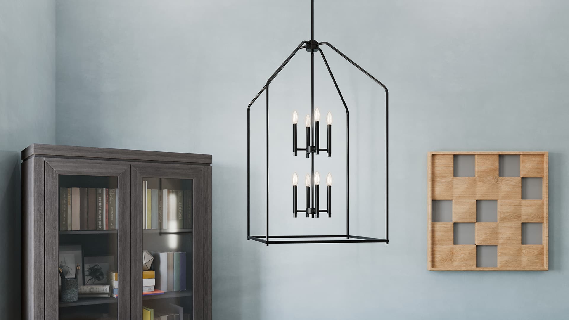 Madden cage pendant in black hang in the living room during the day