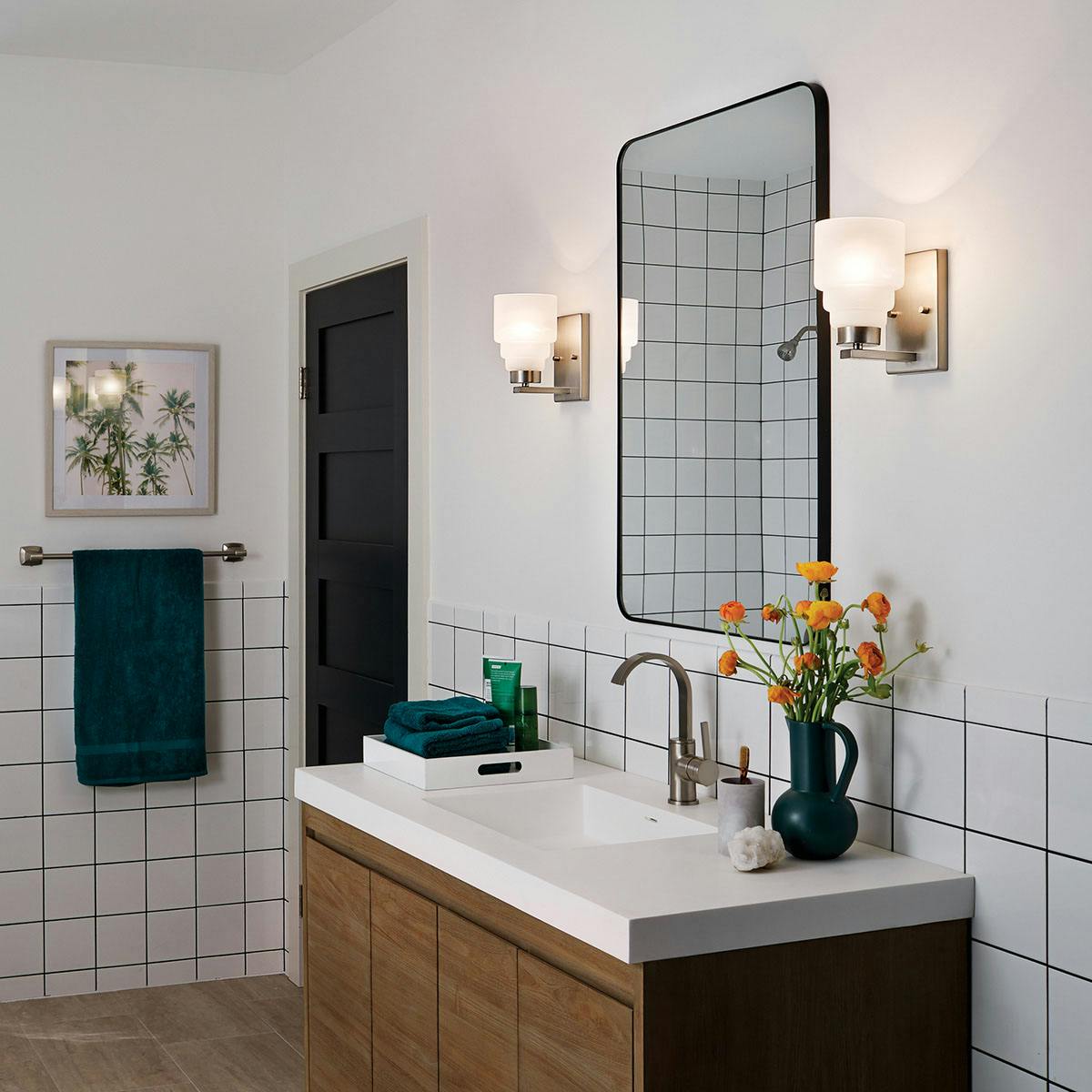 Daytime Bathroom featuring Vionnet vanity light 55010NI