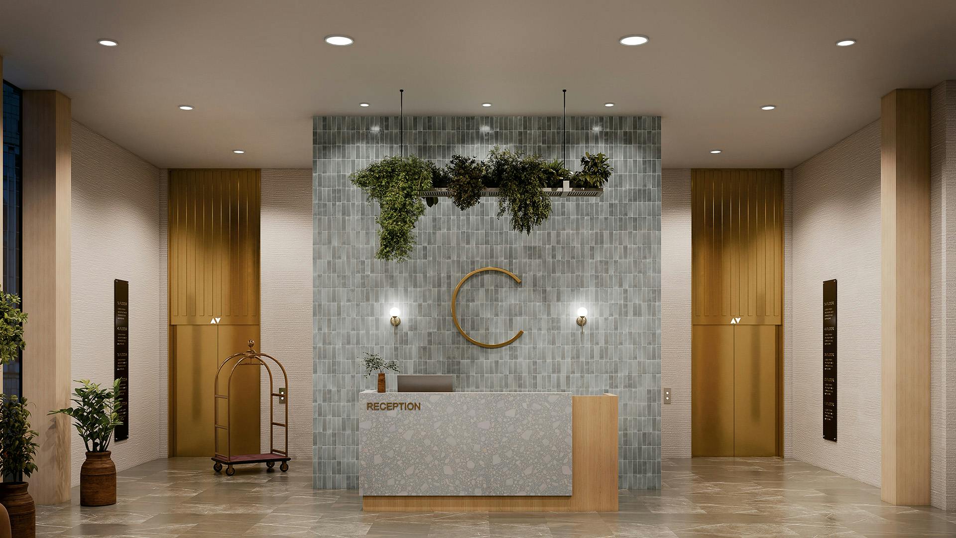 Hotel reception area at night with Ara Downlights over front desk