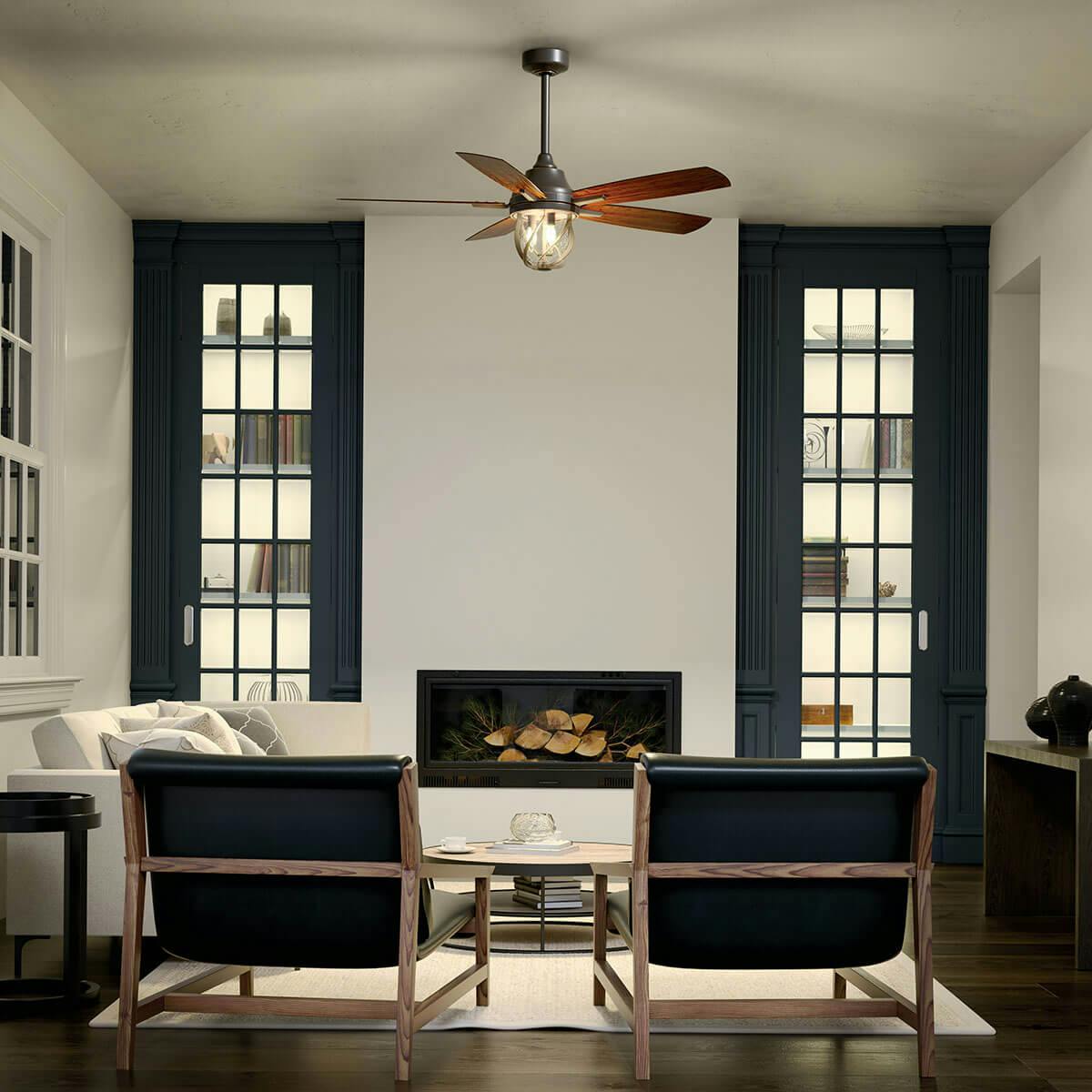 Night time living room image featuring Lydra ceiling fan 310073OZ