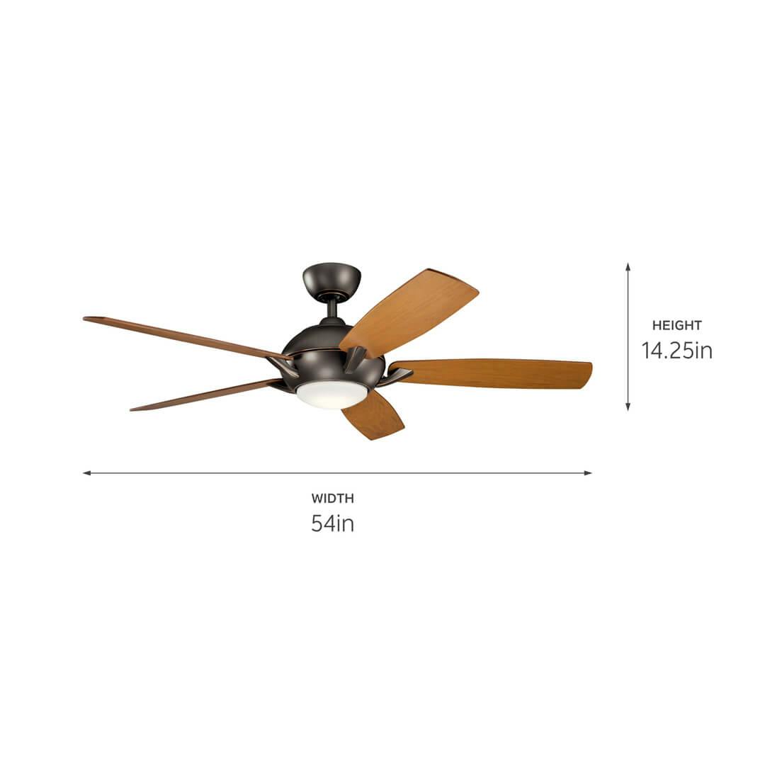 Geno LED 54" Fan in Olde Bronze on a white background with dimensions also shown in tech specs