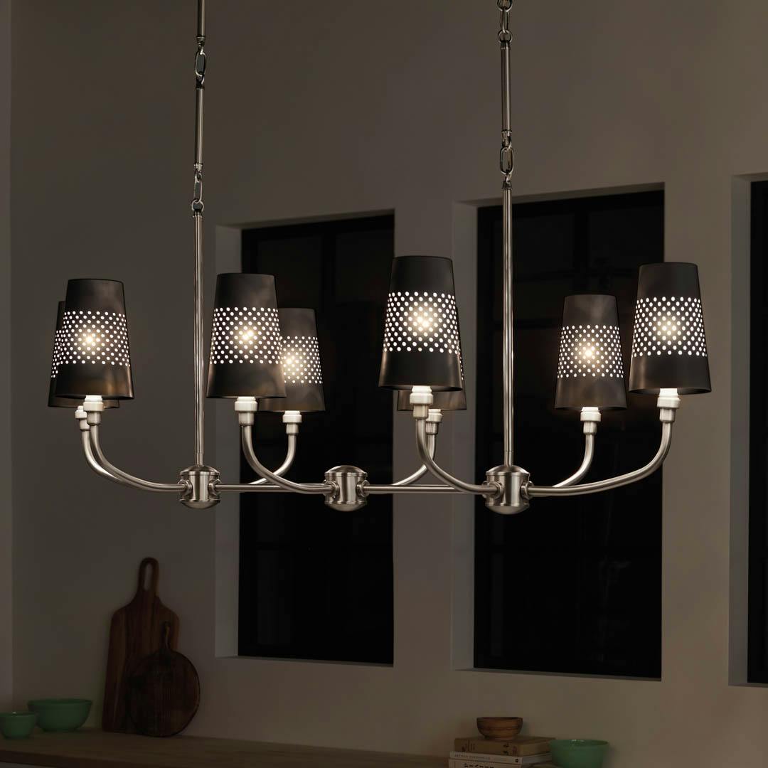 Night time kitchen with Adeena 47.25" 8 Light Linear Chandelier Classic Pewter
