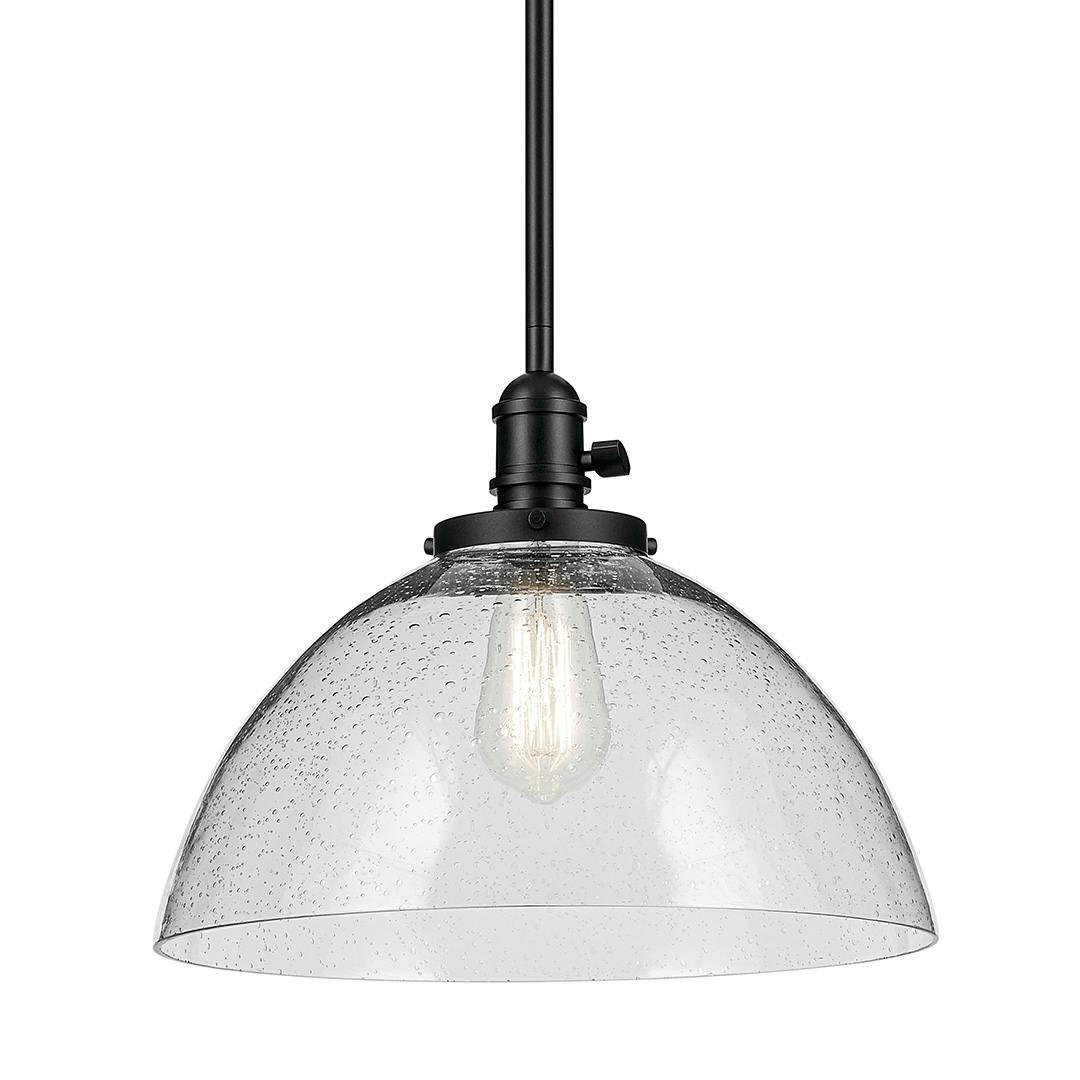 The Avery 11" 1-Light Dome Pendant with Clear Seeded Glass in Black on a white background