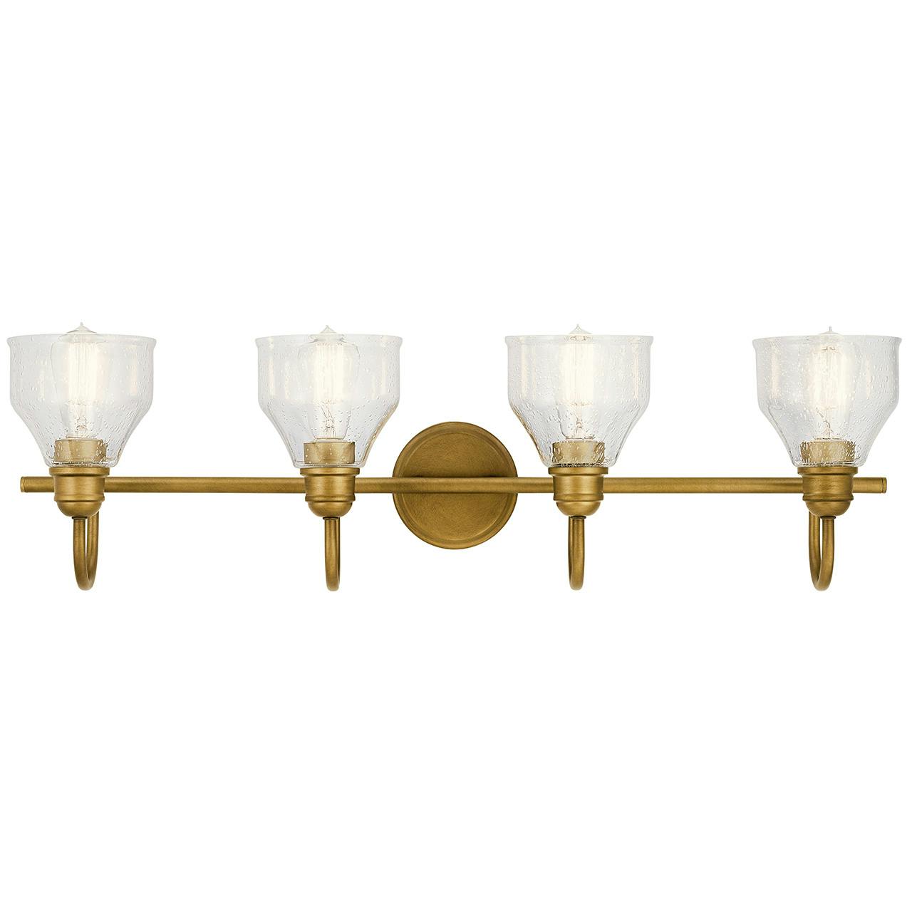 The Avery 4 Light Vanity Light Natural Brass facing up on a white background