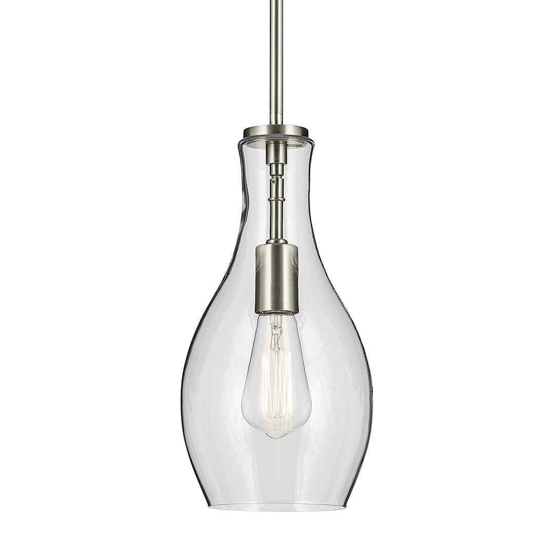 The Everly 13.75" 1-Light Bell Pendant with Clear Glass in Brushed Nickel on a white background