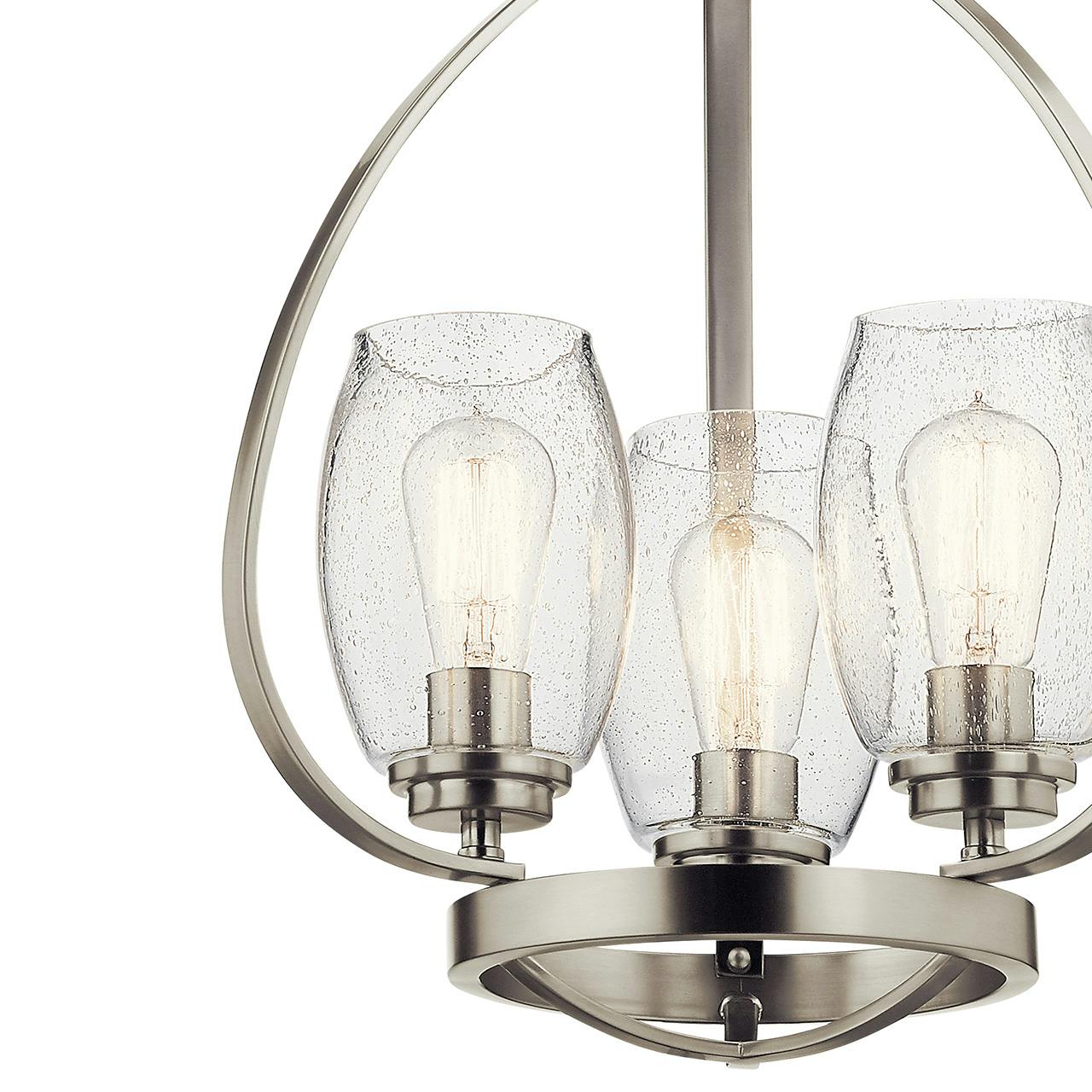 Close up view of the Tuscany 3 Light Mini Chandelier Nickel on a white background