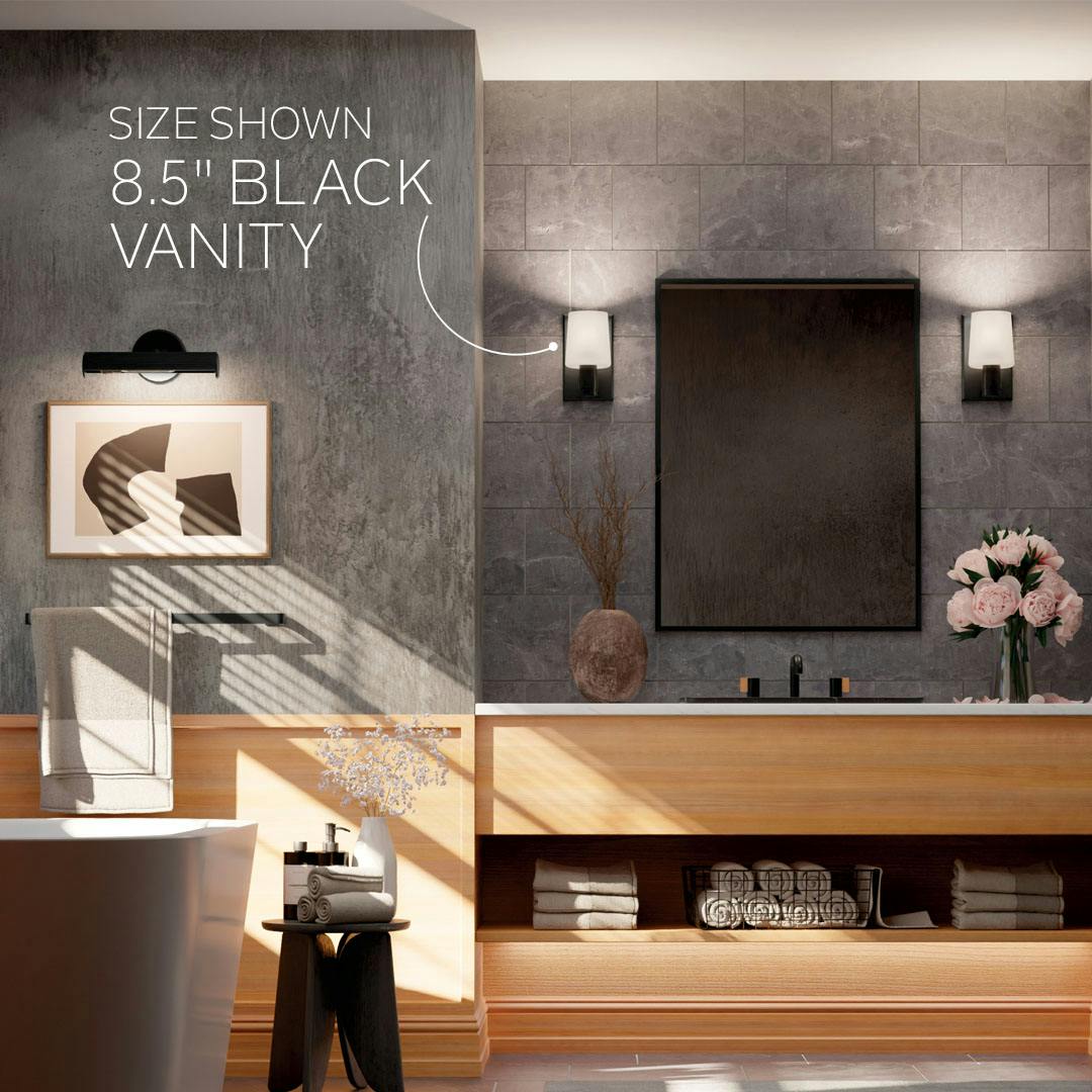 Bathroom with the Adani 1 light vanity light shown in a black finish