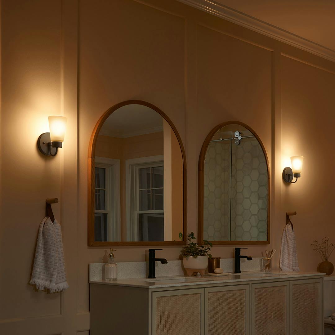 Night time Bathroom with Stamos 4.25" 1 Light Wall Sconce Olde Bronze