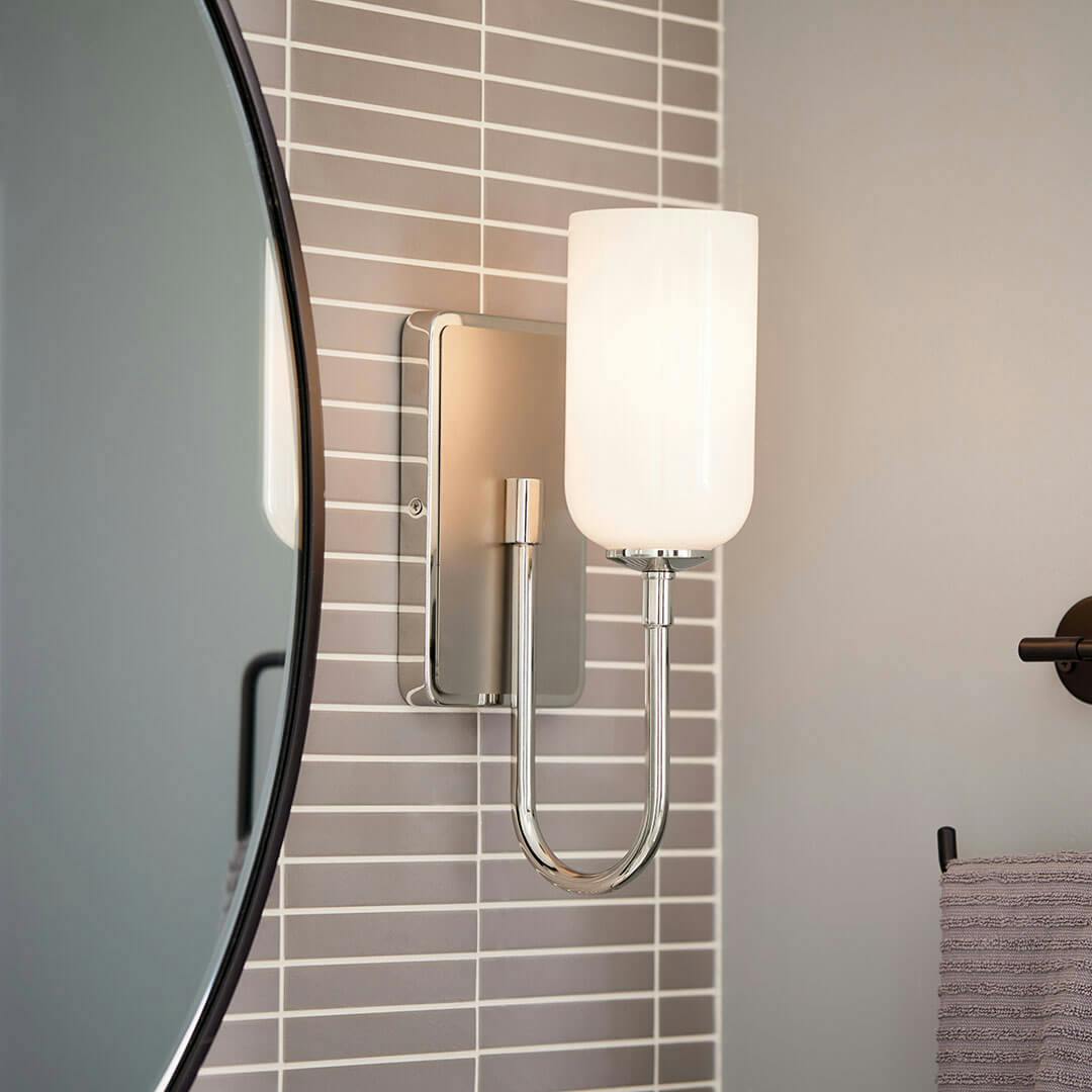 Day time bathroom with the Solia 13.5 Inch 1 Light Wall Sconce with Opal Glass in Polished Nickel with Stain Nickel