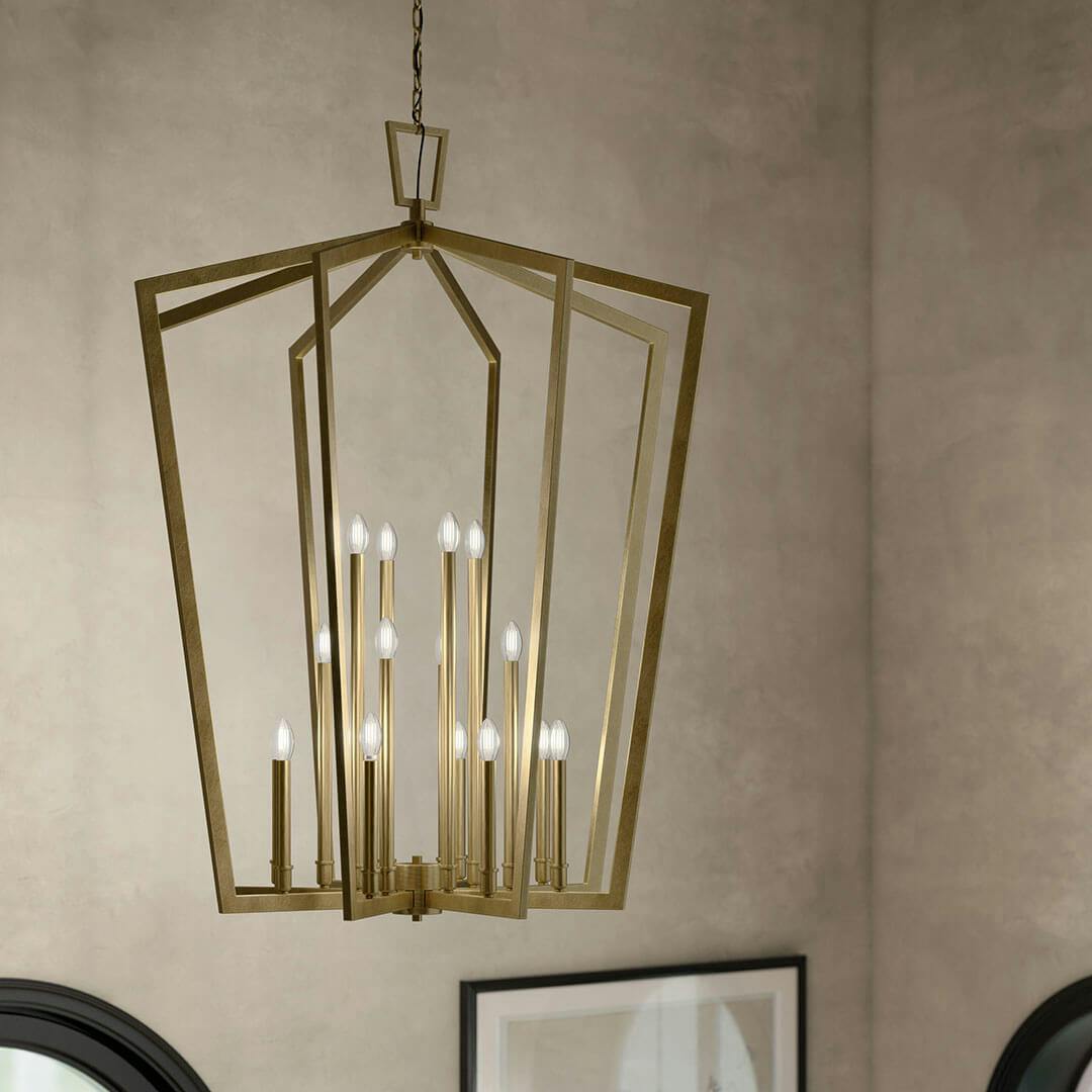 Foyer in day light with the Abbotswell 49 Inch 16 Light Foyer Pendant in Natural Brass