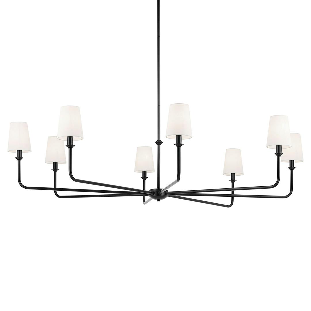 The Pallas 52" XL 8-Light Round Chandelier with White Linen Shade in Black on a white background