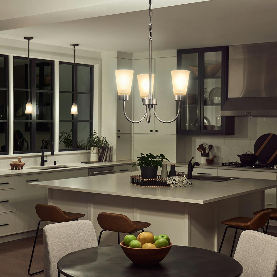 Night time Kitchen with Erma 18" 3 Light Chandelier Brushed Nickel 